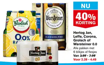 Hoogvliet Hertog Jan, Leffe, Corona, Grolsch of Warsteiner 0.0 Alle pakken met 6 blikjes of flesjes aanbieding