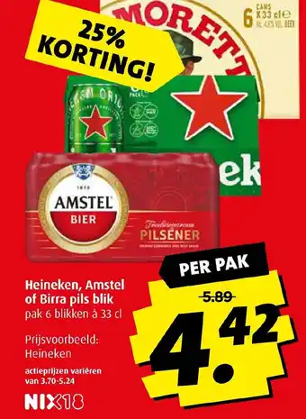 Boni Heineken, Amstel of Birra pils blik pak 6 blikken à 33 cl aanbieding