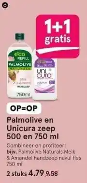 Etos Palmolive en unicura zeep 500 en 750 ml aanbieding