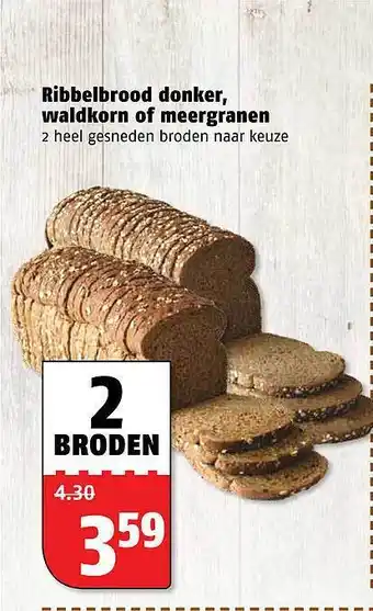 Poiesz Ribbelbrood donker, waldkorn of meergranen 2 broden aanbieding