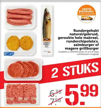 Coop Rundergehakt naturel/gekruid, gerookte hele makreel, runderchipolata's, zalmburger of magere grillburger 2 st aanbieding