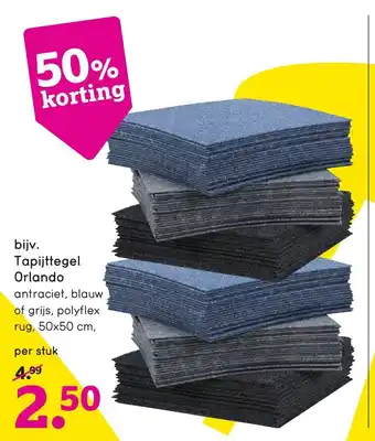 Leen Bakker bijv. Tapijttegel Orlando antraciet, blauw of grijs, polyflex rug, 50x50 cm, aanbieding