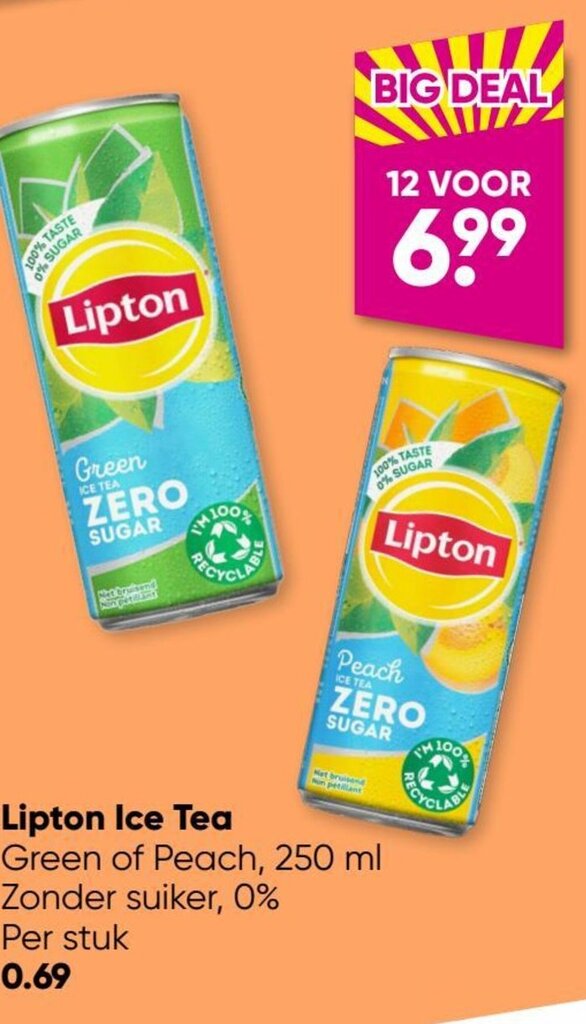 Lipton Ice Tea Green of Peach, 250 ml Zonder suiker, 0 aanbieding bij