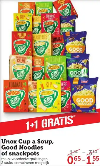 Coop Unox cup a soup, good noodles of snackpots aanbieding