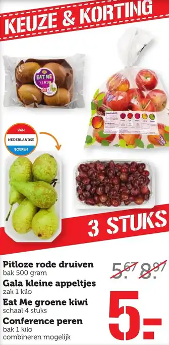 Coop Pitloze rode druiven 500gram, Gala kleine appeltjes 1kilo, Eat me groene kiwi, Conference peren 1kilo aanbieding