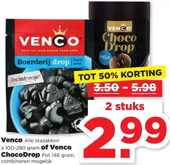 PLUS Venco 100-280gram, Chocodrop 146gram aanbieding