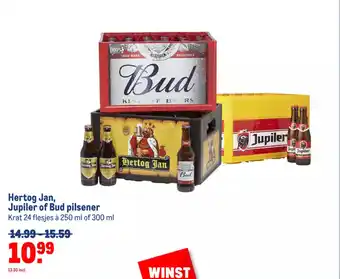 Makro Hertog Jan, Jupiler of Bud pilsener Krat 24 flesjes à 250 ml of 300 ml aanbieding