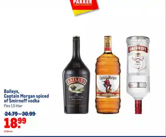 Makro Baileys, Captain Morgan spiced of Smirnoff vodka Fles 1,5 liter aanbieding