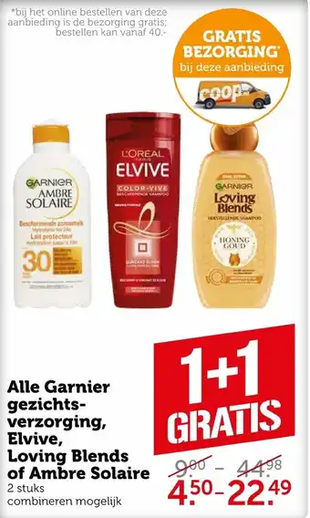 Coop Garnier Gezichtsverzorging,Elvive, Loving Blends of Ambre Solaire 1+1 aanbieding