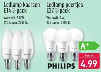 ALDI Philips Ledlamp E14 3--pack en Ledlamp peertjes E27 3-pack aanbieding