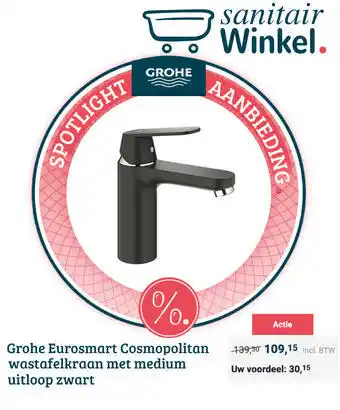 Sanitairwinkel.nl Grohe Eurosmart Cosmopolitan wastafelkraan met medium uitloop zwart aanbieding