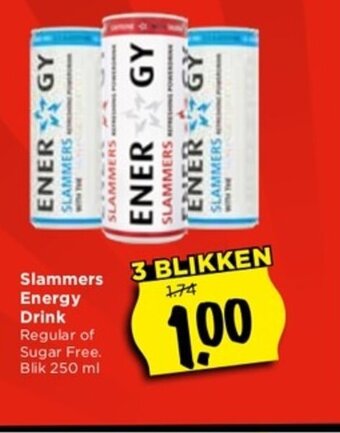 Vomar Voordeelmarkt Slammers Energy Drink Regular of Sugar Free. Blik 250 ml aanbieding