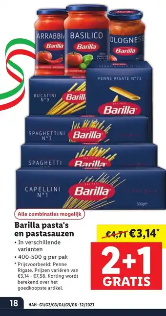 Lidl Barilla pasta's en pastasauzen 400-500 g per pak aanbieding