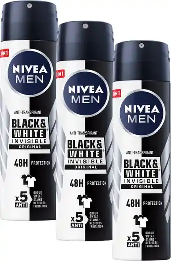 Bol.com Nivea men invisible for black & white power deodorant spray - 3 x 150 ml - voordeelverpakking aanbieding
