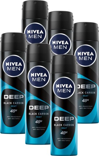 Bol.com Nivea men deep black carbon beat spray - ant-transpirant - voordeelverpakking 6 x 150 ml aanbieding