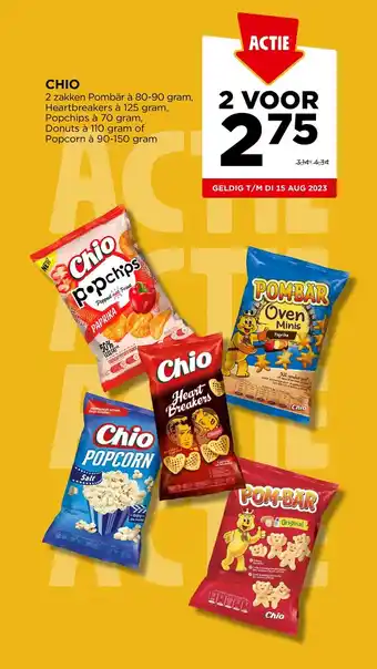 Jumbo CHIO 2 zakken Pombär à 80-90 gram, Heartbreakers à 125 gram, Popchips à 70 gram, Donuts à 110 gram of Popcorn à 90-150 gram aanbieding