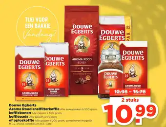 PLUS Douwe Egberts Aroma Rood snelfilterkoffie 500 gram, koffiebonen 500 gram, of oploskoffie 200g aanbieding