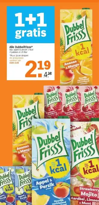 Albert Heijn Alle DubbelFrisss* Bijv. appel & perzik 1 kcal 2 pakken à 1.5 liter aanbieding