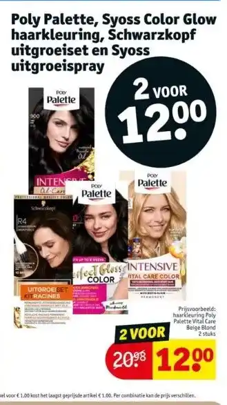 Kruidvat Poly palette, syoss color glow haarkleuring, schwarzkopf uitgroeiset en syoss uitgroeispray aanbieding