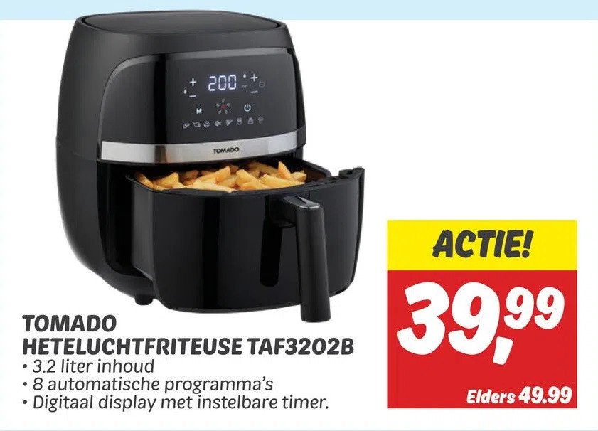 TOMADO TAF3010B Airfryer | Heteluchtfriteuse - 3 liter inhoud - Digitaal display - 300 gr friet