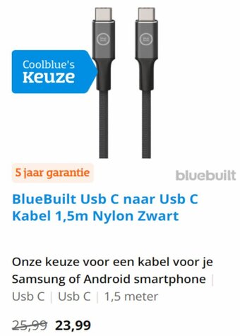 Coolblue BlueBuilt Usb C naar Usb C Kabel 1,5m Nylon Zwart aanbieding
