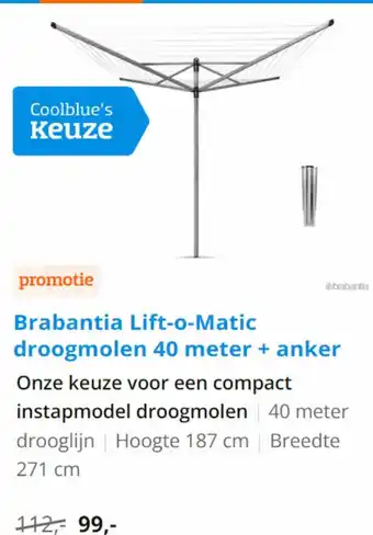 Coolblue Brabantia Lift-o-Matic droogmolen 40 meter + anker aanbieding