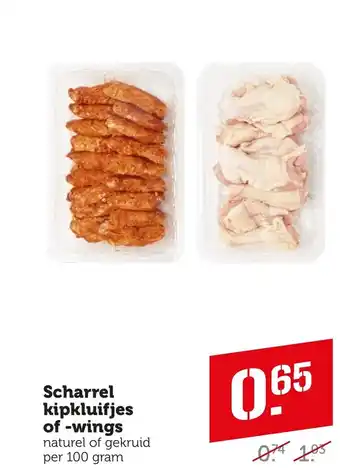 Coop Scharrel kipkluifjes of -wings naturel of gekruid per 100 gram aanbieding