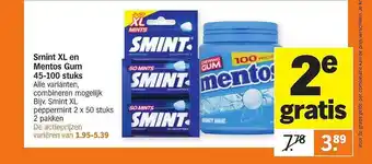 Albert Heijn Smint xl en mentos gum 45-100 stuks aanbieding