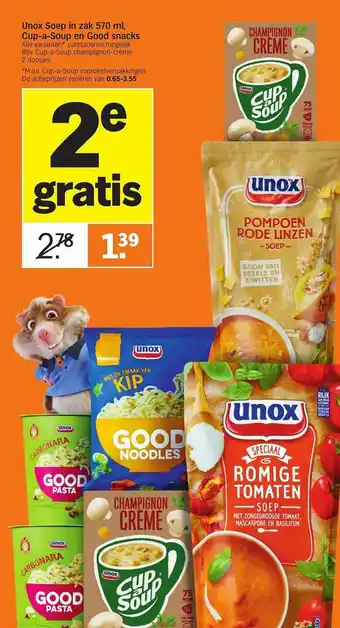 Albert Heijn Unox soep in zak 570 ml, cup-a-soup en good snacks aanbieding