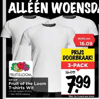 Vomar Voordeelmarkt Fruit of the Loom T-shirts wit M-XXL 3-pack aanbieding