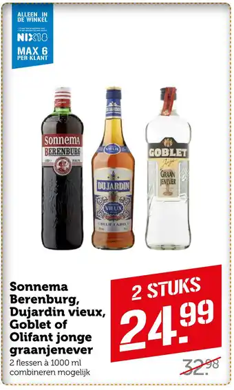 Coop Sonnen Berenburg, Dujardin vieux, Goblet of Olifant jonge graanjenever a aanbieding