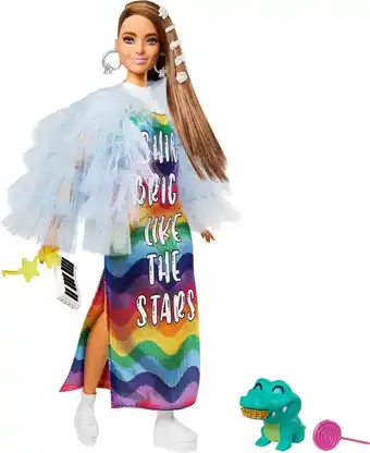 Bol.com Barbie extra doll in blauw jasje met ruches en krokodil huisdier - modepop - barbiepop aanbieding