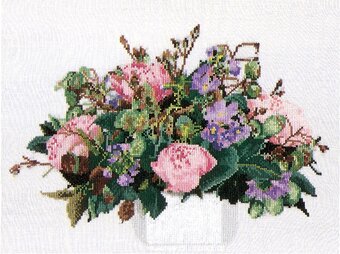 Bol.com Thea gouverneur - borduurpakket met telpatroon - 1080 - voorgesorteerde dmc garens - pioenrozen - linnen - 30 cm x 40 cm - di aanbieding
