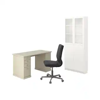 IKEA Vebjörn/mullfjället / billy/oxberg bureau- en opbergcombinatie, en draaistoel beige/grijs/wit aanbieding