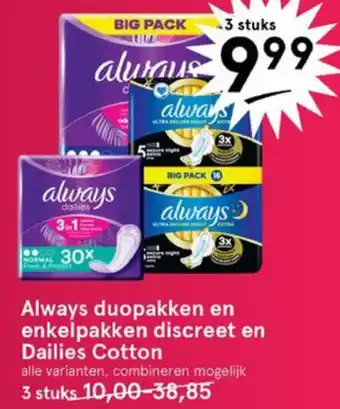 Etos Always duopakken en Always enkelpakken Discreet en Dailies Cotton 3st aanbieding