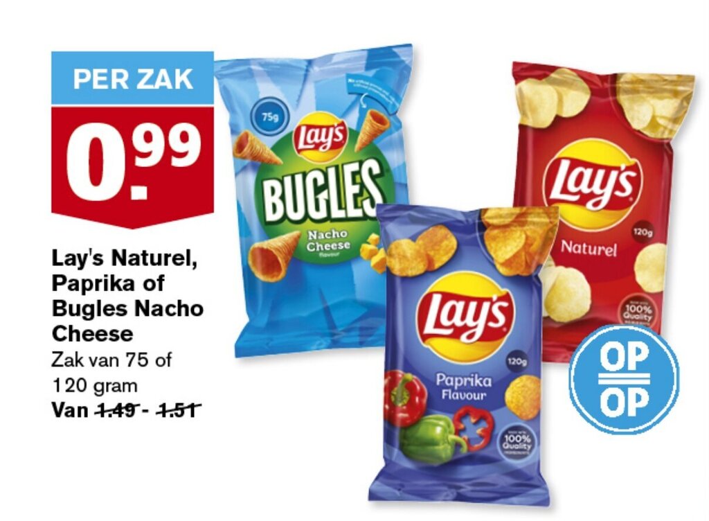Lay's Naturel, Paprika of Bugles Nacho Cheese Zak van 75 of 120 gram aanbieding bij Hoogvliet
