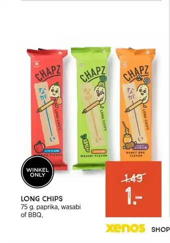 Xenos LONG CHIPS 75 g. paprika, wasabi of BBQ, aanbieding