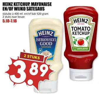 De Boerenschuur HEINZ KETCHUP, MAYONAISE EN/OF WIJKO SATESAUS statube à 400 ml. en/of bak 520 gram 2 stuks naar keuze aanbieding