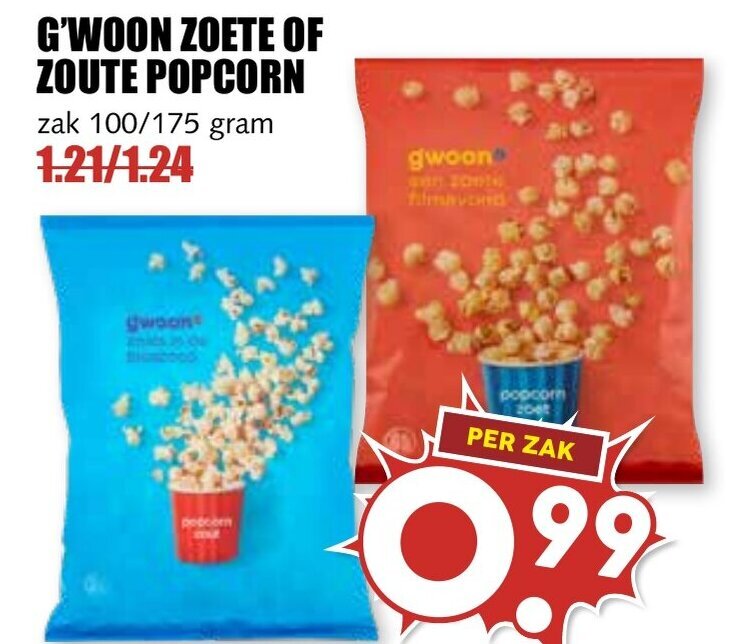 G'WOON ZOETE OF ZOUTE POPCORN zak 100/175 gram aanbieding bij De