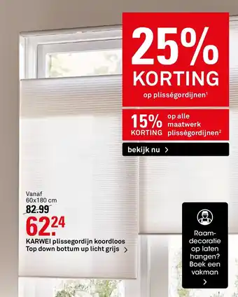 Karwei Plissegordijn koordloos Top down bottum up licht grijs 60x180 cm aanbieding