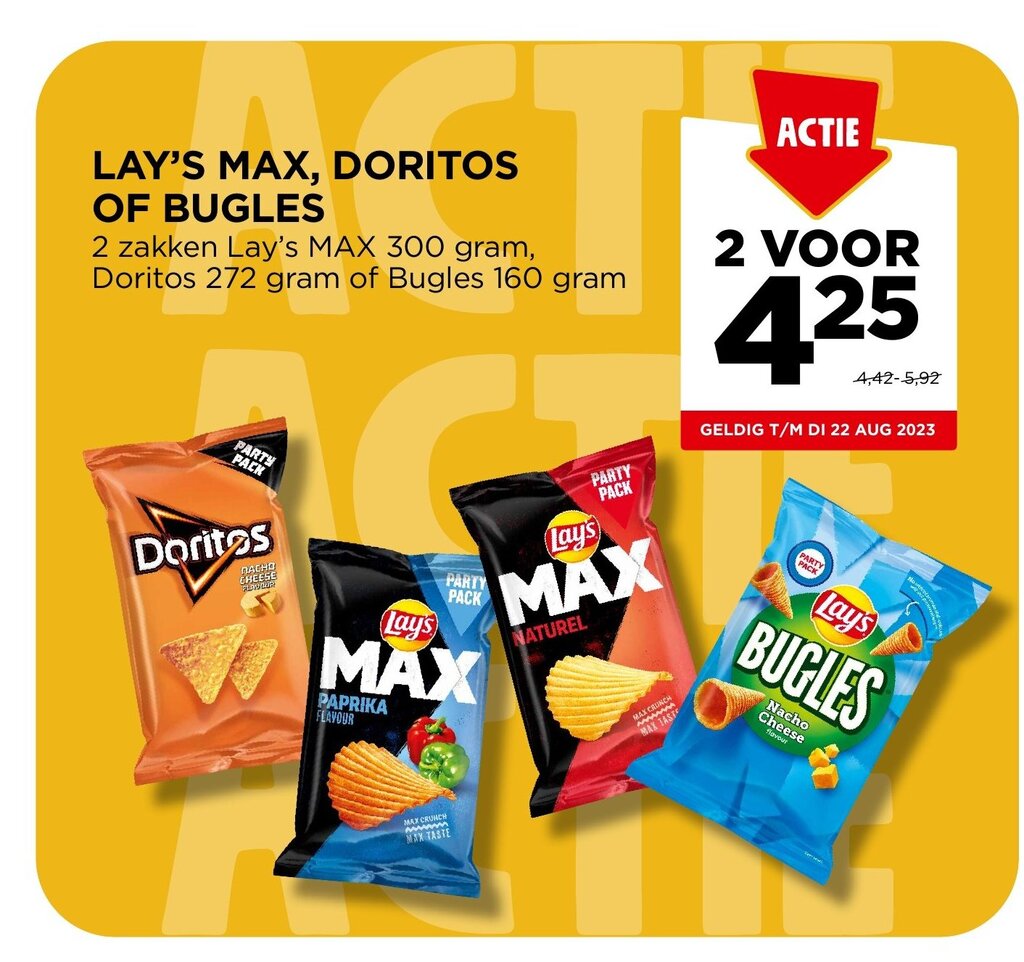 LAY'S MAX, DORITOS OF BUGLES 2 zakken Lay's MAX 300 gram, Doritos 272