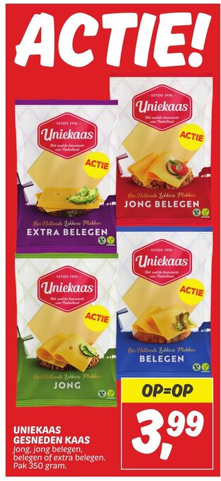 Dekamarkt UNIEKAAS GESNEDEN KAAS Jong, jong belegen, belegen of tra belegen. Pak 350 gram. aanbieding