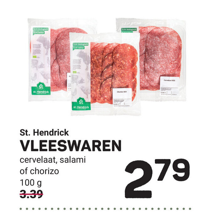 St. Hendrick VLEESWAREN cervelaat, salami of chorizo 100 g aanbieding