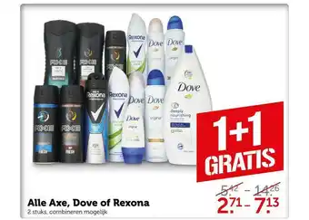 CoopCompact Alle Axe, Dove Of Rexona 1+1 Gratis aanbieding