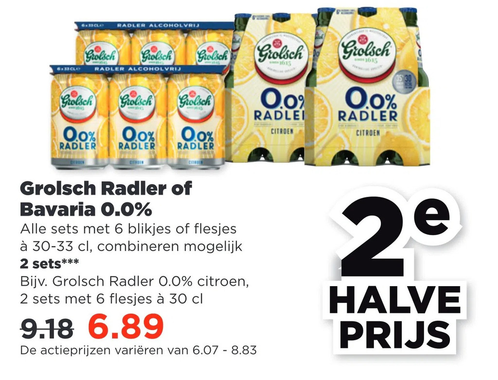 Grolsch radler of bavaria 0.0 aanbieding bij PLUS