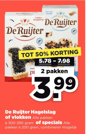 PLUS De ruijter hagelslag of vlokken of specials aanbieding