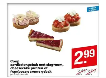 CoopCompact Coop Aardbeiengebak Met Slagroom, Cheesecake Punten Of Frambozen Crème Gebak aanbieding