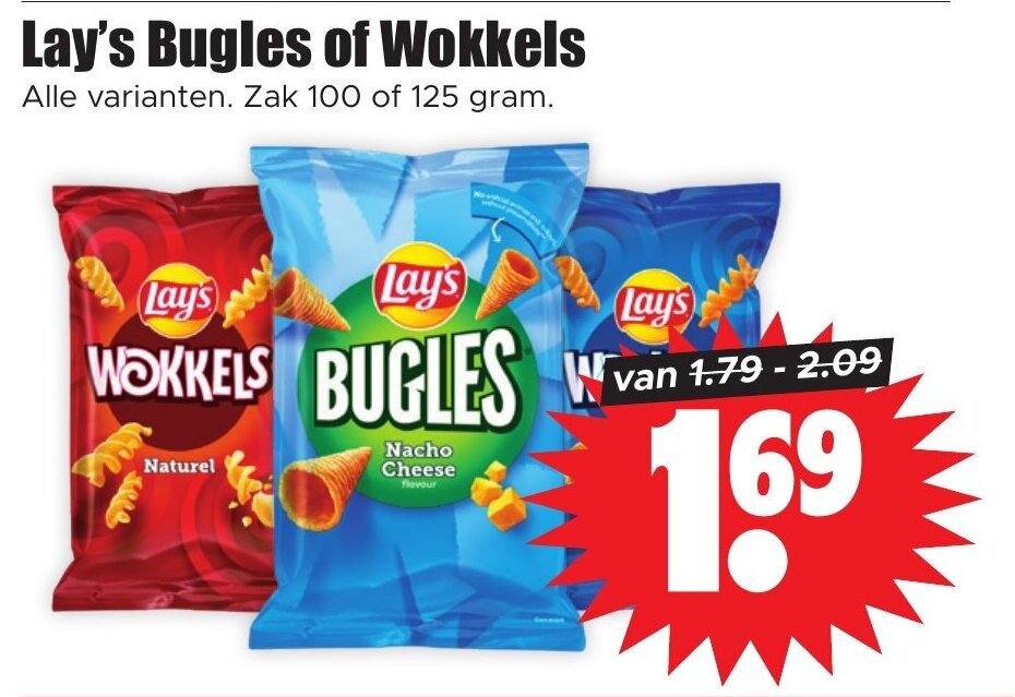 Lay's Bugles of Wokkels Alle varianten. Zak 100 of 125 gram. aanbieding