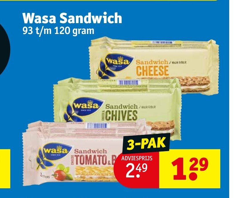 Wasa Sandwich 93 t/m 120 gram 3pak aanbieding bij Kruidvat