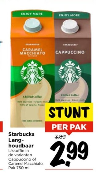 Vomar Voordeelmarkt Starbucks Lang-houdbaar IJskoffie in de varianten Cappuccino of Caramel Macchiato. Pak 750 ml aanbieding